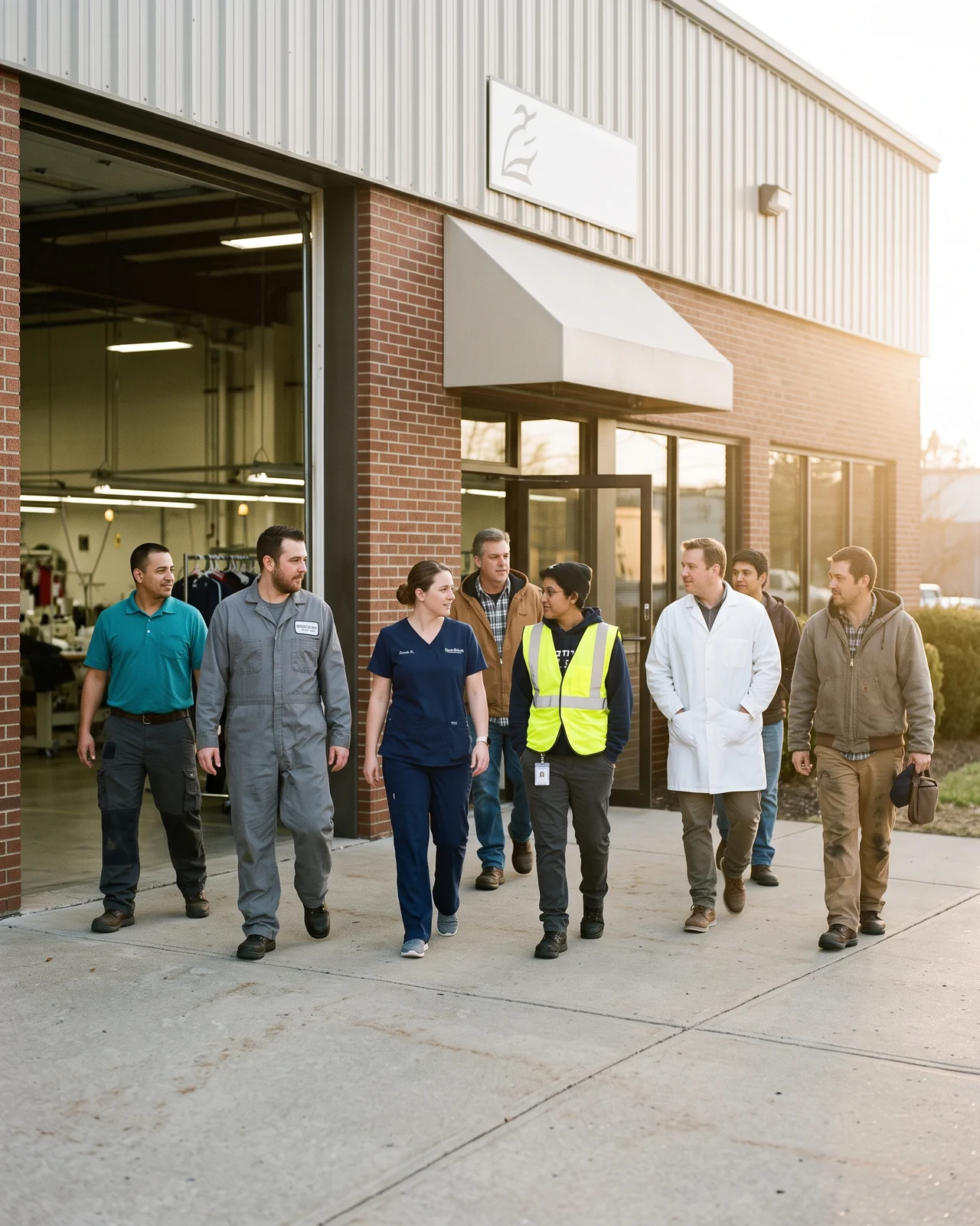 Staff arriving at the uniform factory entrance beside the loading bay in the early morning
