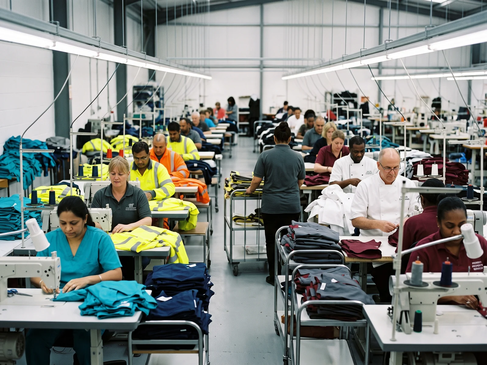 Modern sewing line today with machinists assembling multicolour uniforms