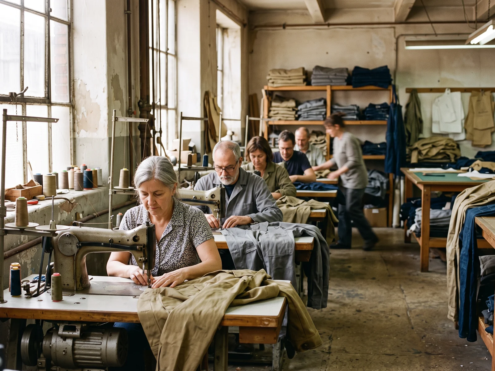 Early cut-and-sew floor with a single row of sewing machines making plain work shirts
