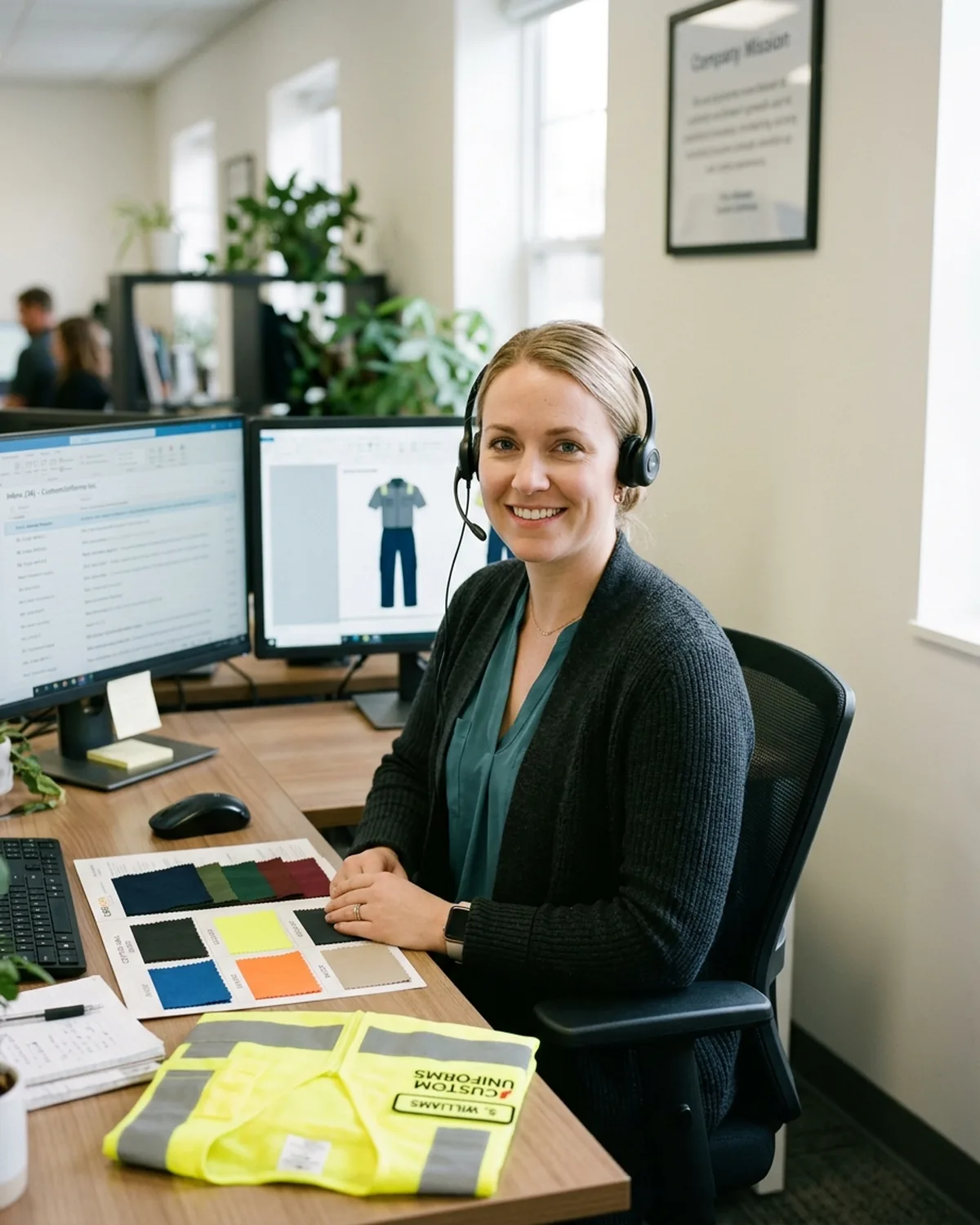 Anna, Sales Manager, at her desk with a headset, fabric swatch cards and a hi-vis vest sample
