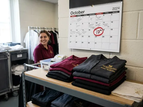 Wall calendar with a circled rollout date above a pile of staff uniforms