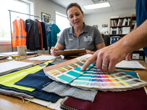 Colour reference card laid on workwear fabric