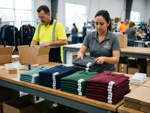 Folded polos stacked by size on a packing table
