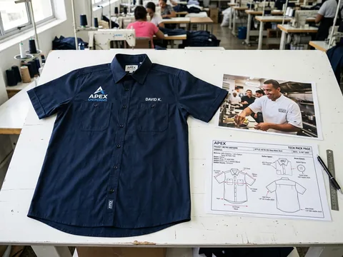 Work shirt laid flat beside a printed reference style