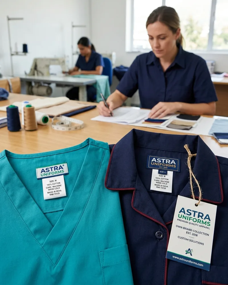 Own-brand woven neck labels and hang tags laid on sample uniform collars