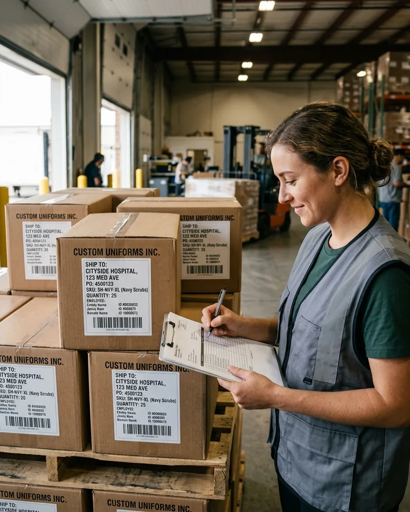 Labelled uniform cartons arriving at a customer warehouse, checked by the receiver