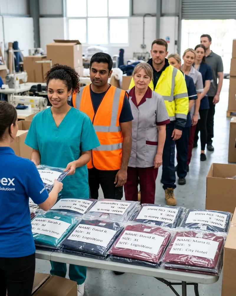 Staff from several job roles collecting bagged uniforms labelled with their names