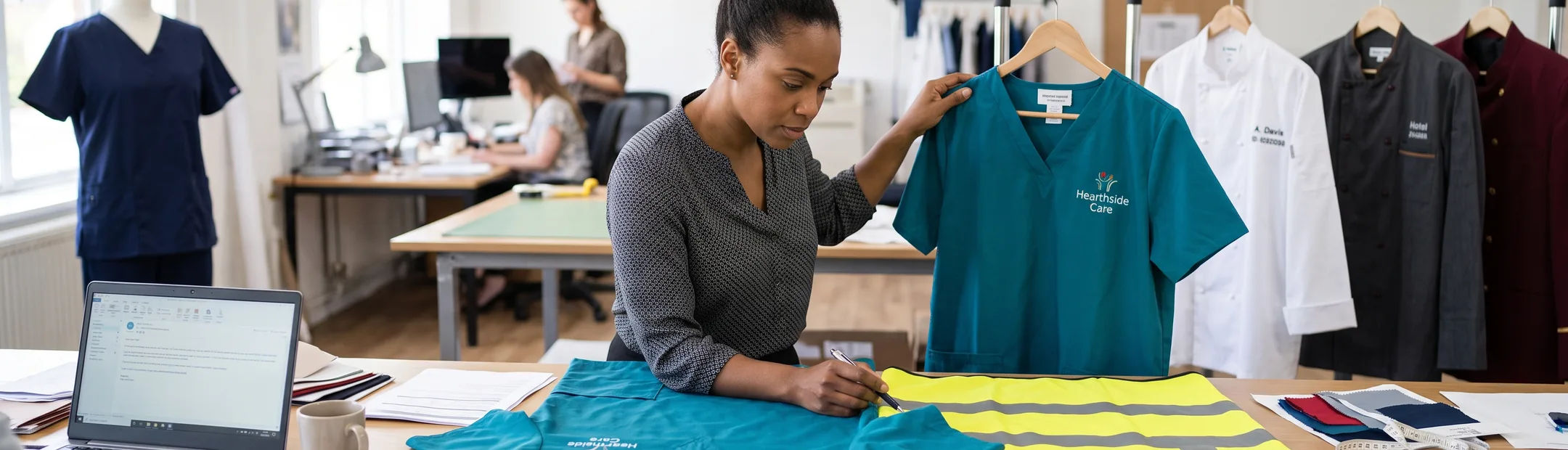 Account manager comparing two returned garments against the retained approved sample