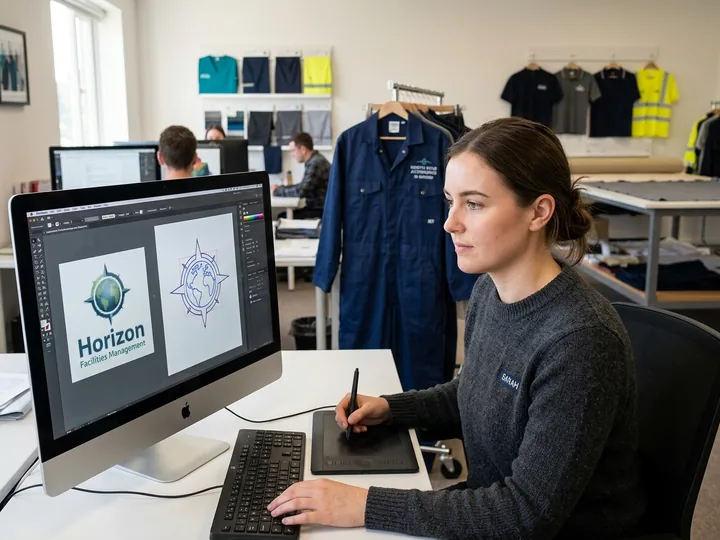 Designer redrawing a customer logo as a vector file on screen