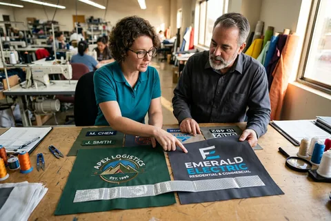 Embroidered and printed logo samples on uniform fabric
