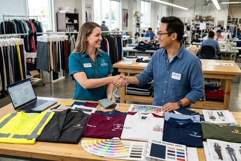 Buyer and account manager shaking hands at the sample table