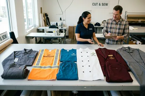 Uniform garment groups laid out side by side