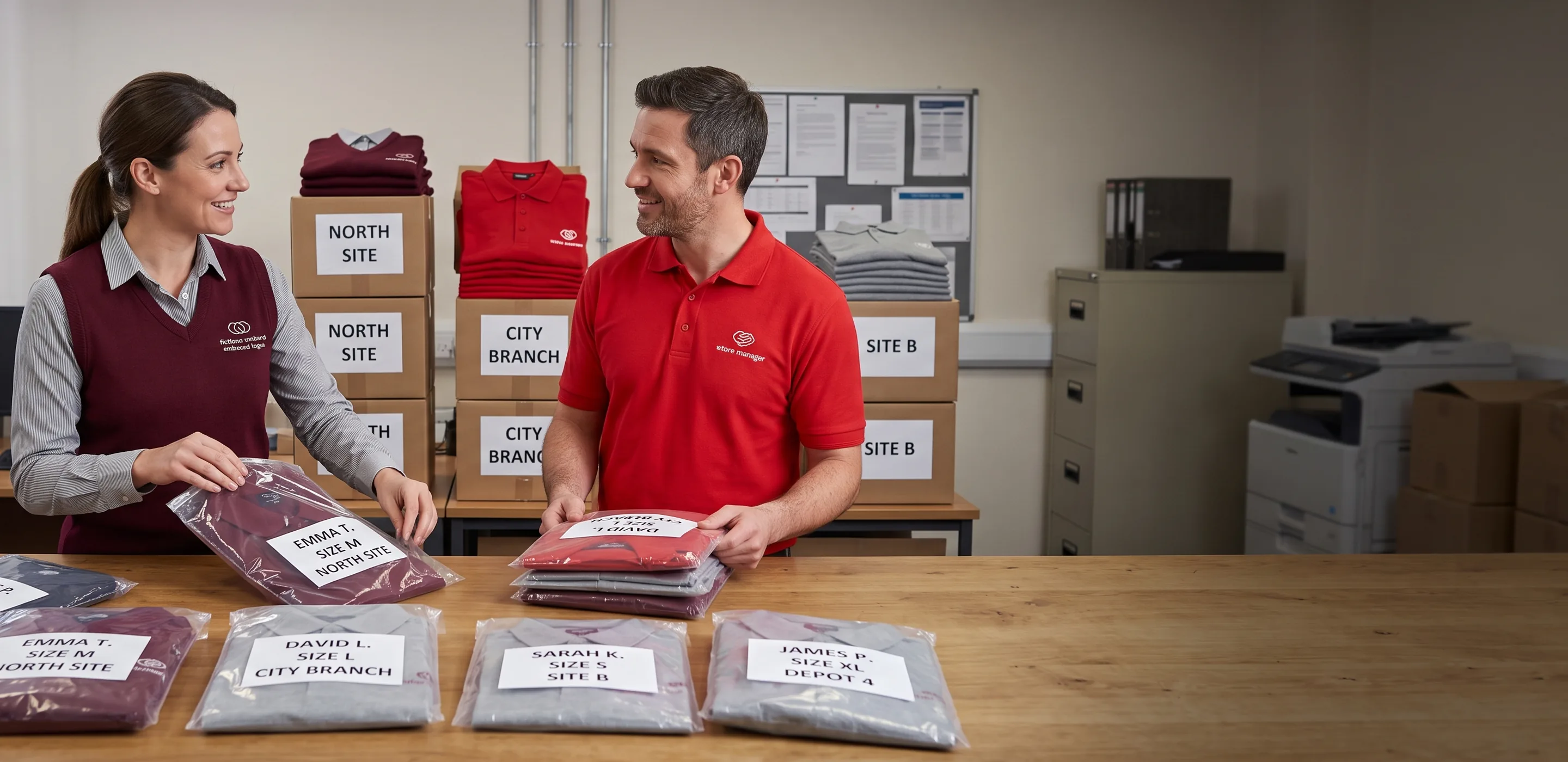 An HR manager and a store manager unpacking uniform packs labelled with name, size and site, cartons stacked by site behind them