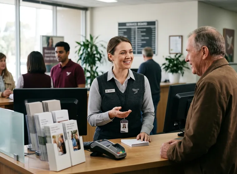 Branch adviser in a blouse and knit vest at a bank counter