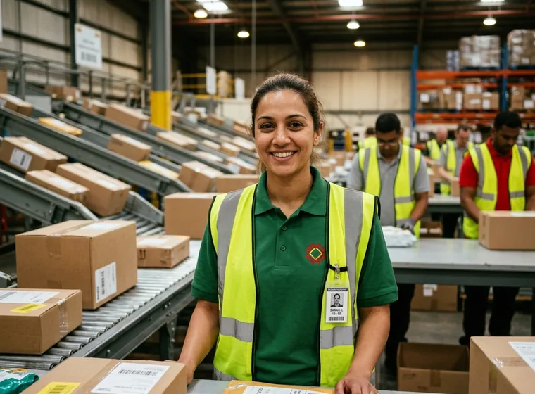 Depot operative in a polo and hi-vis vest at a parcel sorting hub