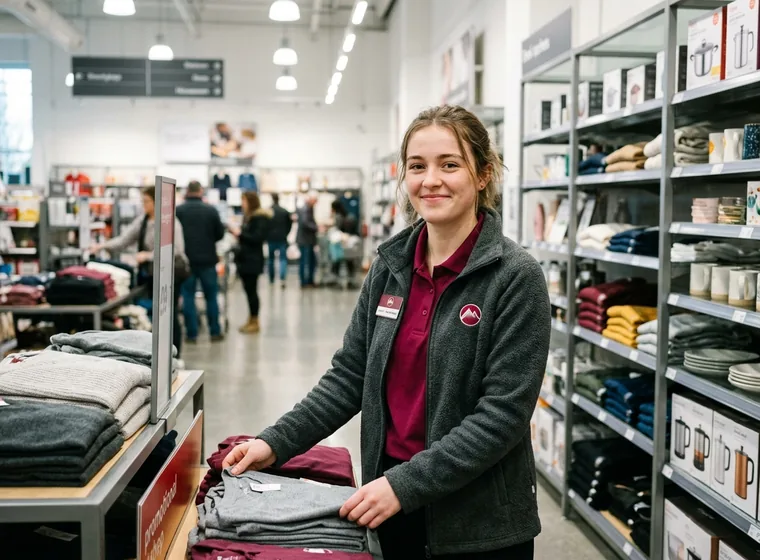 Store associate in a brand-colour polo and fleece on a retail sales floor