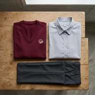 A role's garment set laid out: shirt, trousers and knit vest
