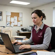 HR manager reviewing a staff spreadsheet on a laptop