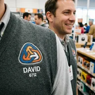 Close-up of a wordless company logo embroidered on a shirt chest