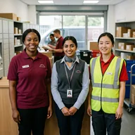 Three employees in different job-role uniforms side by side