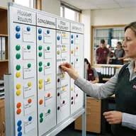 Planning board with coloured magnets in columns