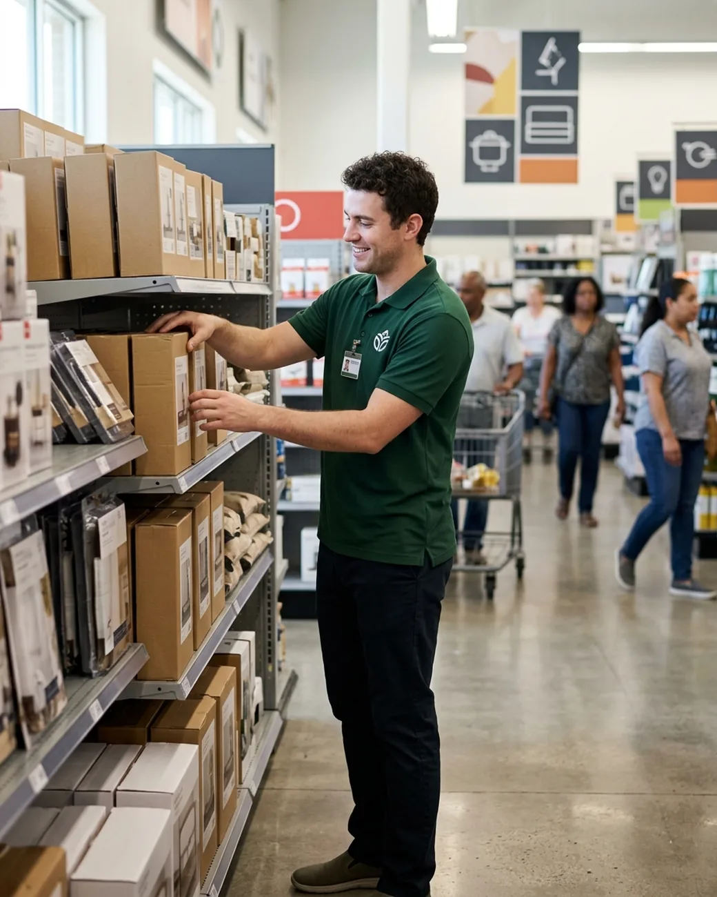 Store associate in a brand-colour polo stocking shelves on the sales floor