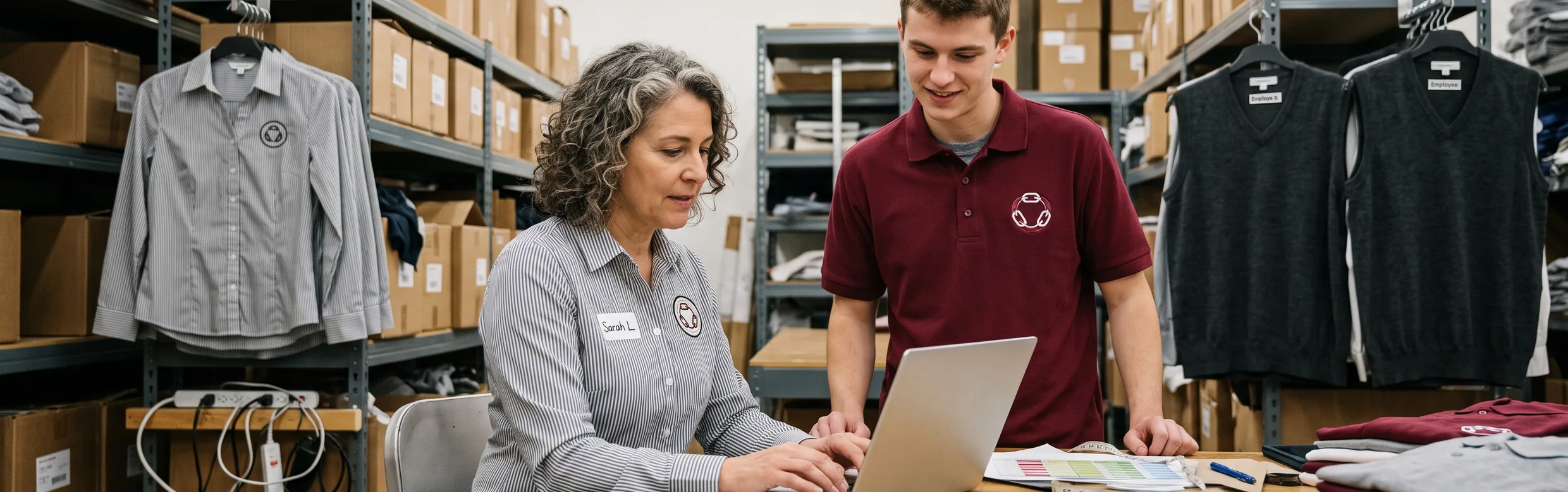 Store manager entering sizes on a laptop while an employee tries on a polo