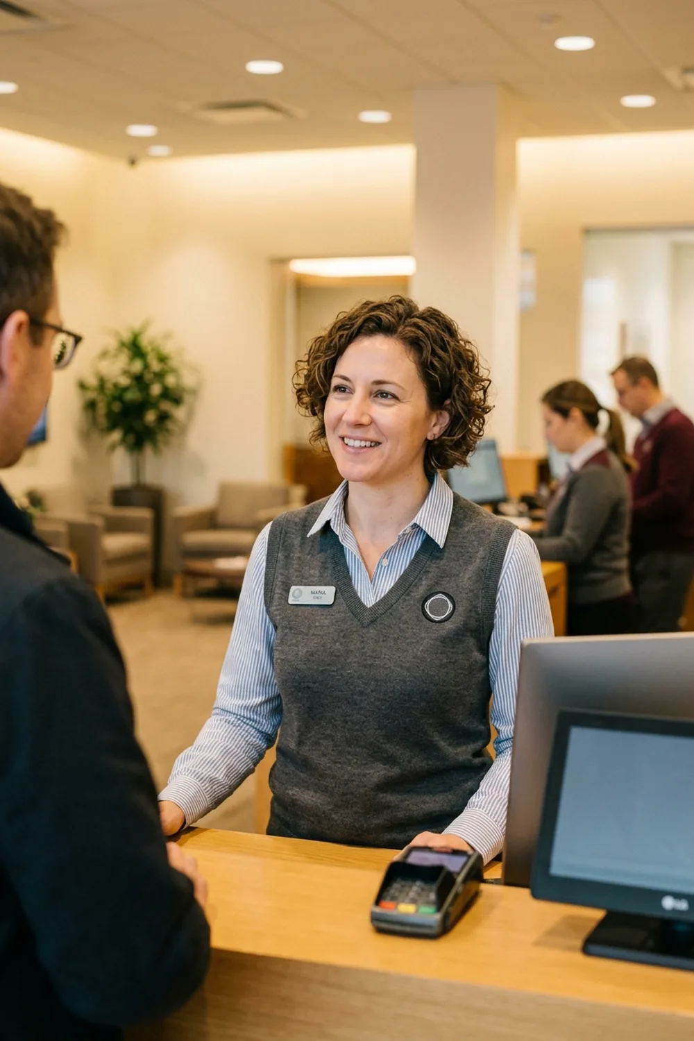 Branch adviser in a striped blouse and dark knit vest behind a bank counter
