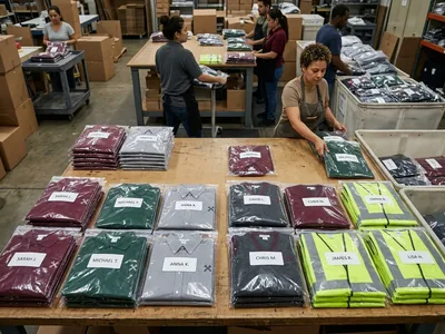 Uniform packs sorted by branch, each labelled with an employee's name