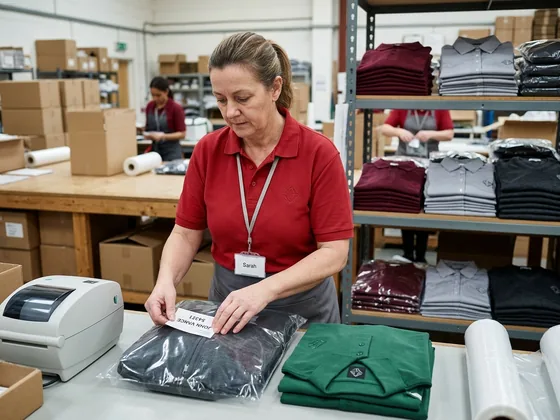 Packer putting one employee's garments into a single bag and labelling it