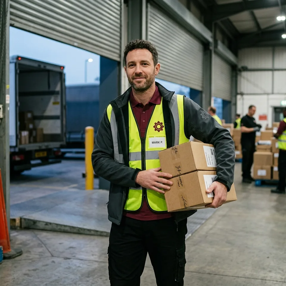 Depot worker in a polo, hi-vis vest and softshell jacket moving parcels at a loading dock