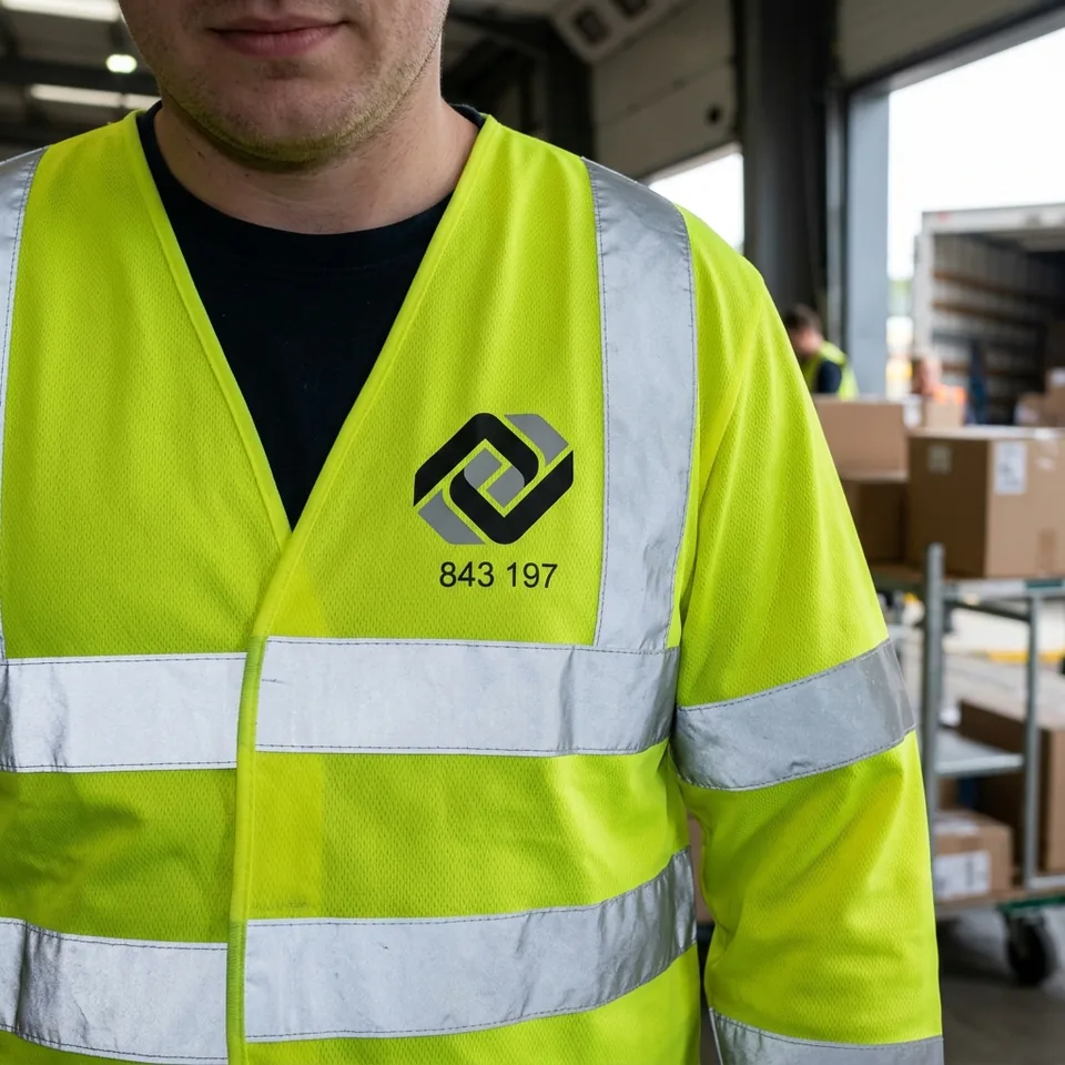 Close-up of a heat-applied logo and employee ID number on a hi-vis vest