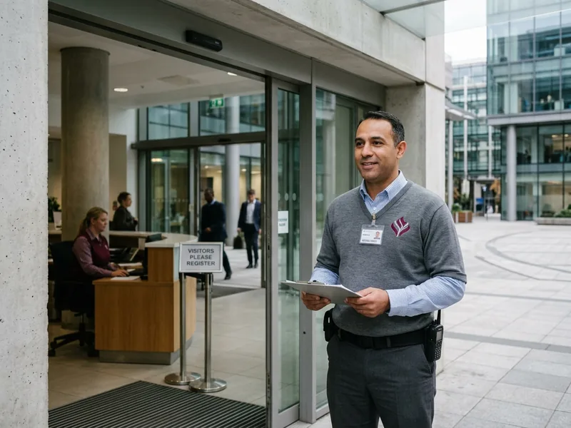 Security officer in a company-colour uniform at a building entrance