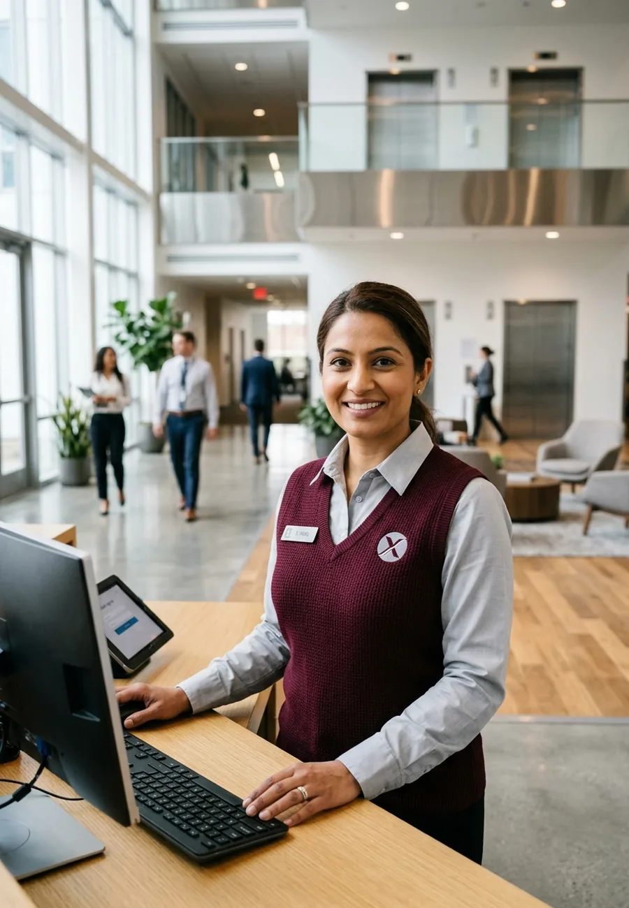 Front-desk receptionist in a shirt and wine-coloured knit vest in an office lobby
