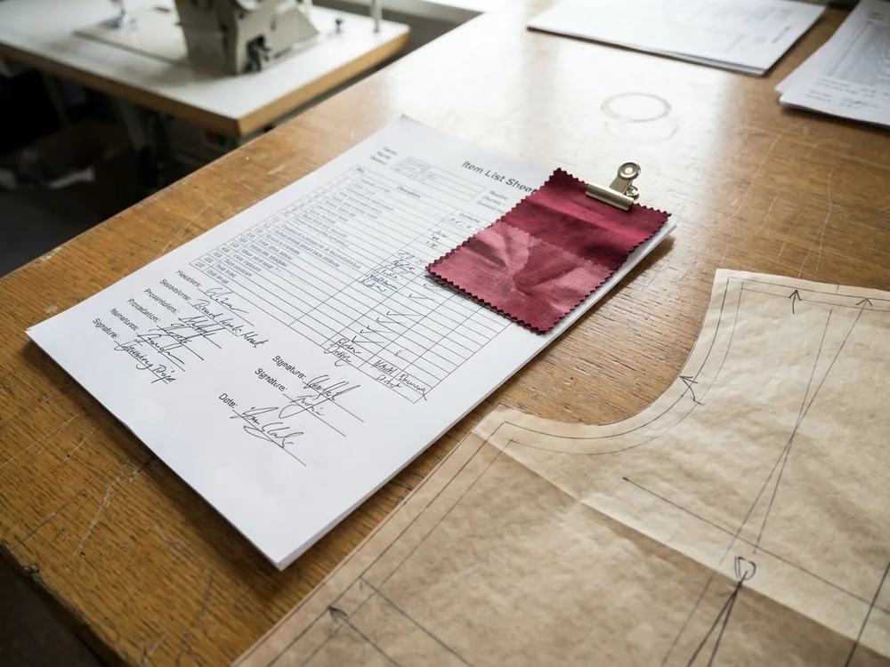 A signed item list sheet with a lab dip swatch and the corner of a paper pattern