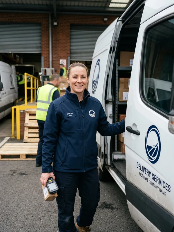 Delivery driver in an embroidered softshell jacket beside a van