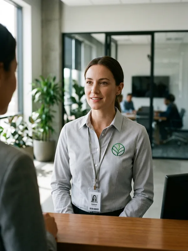 Front-desk employee in a company blouse