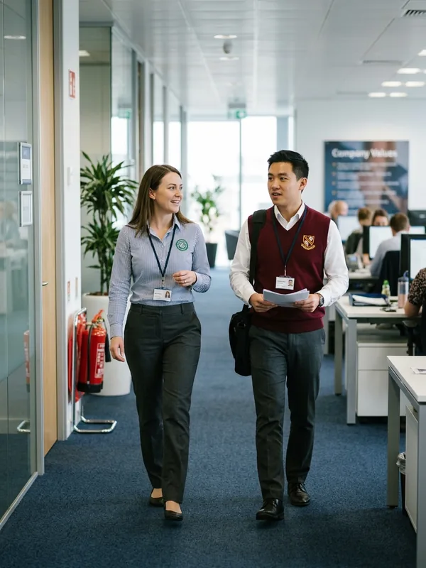 Office employees in company trousers and a skirt