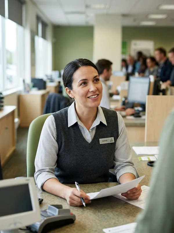 Branch employee in a knit vest over a shirt