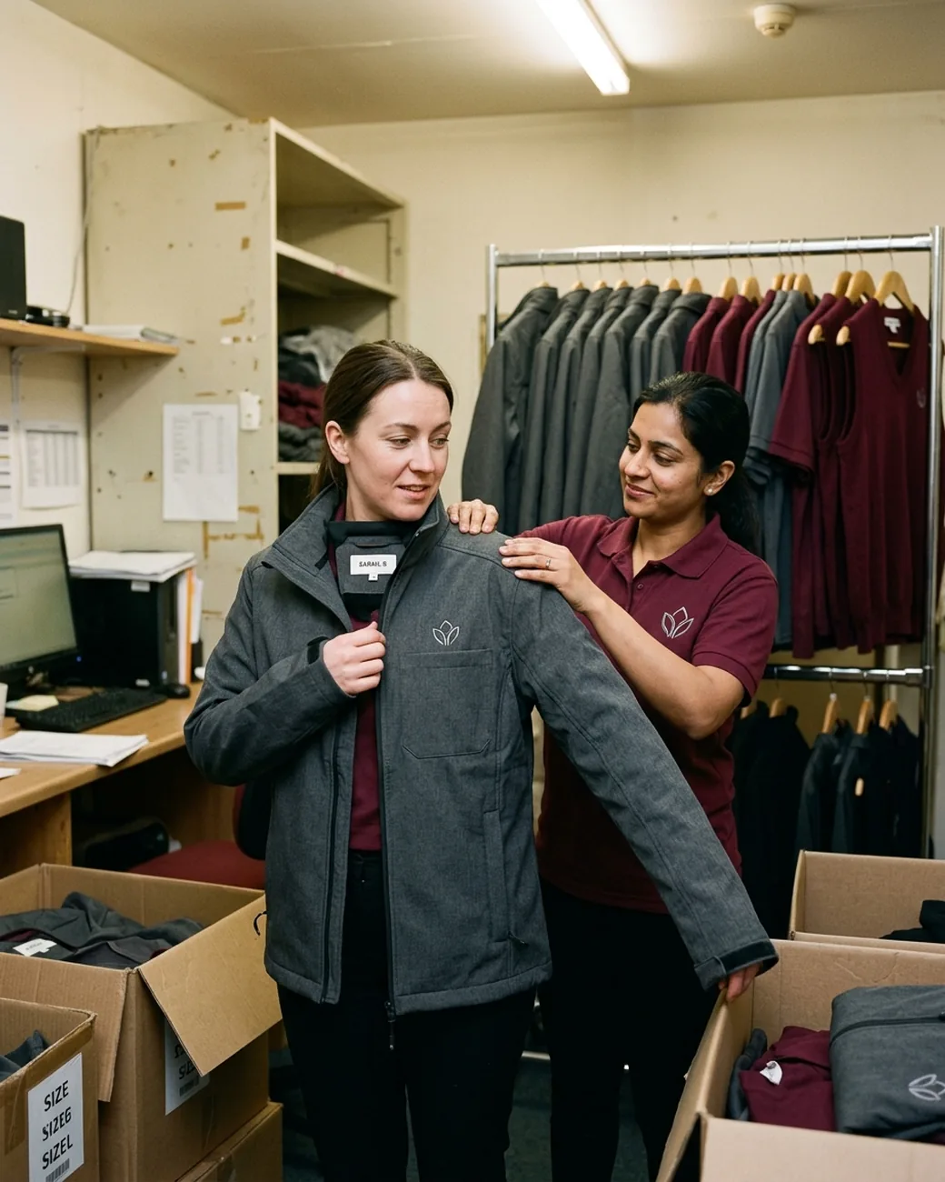 New employee trying on a jacket from the fitting set in a store back room