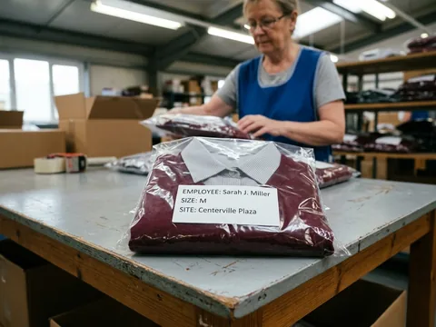 A uniform pack on a desk labelled with an employee's name, size and site
