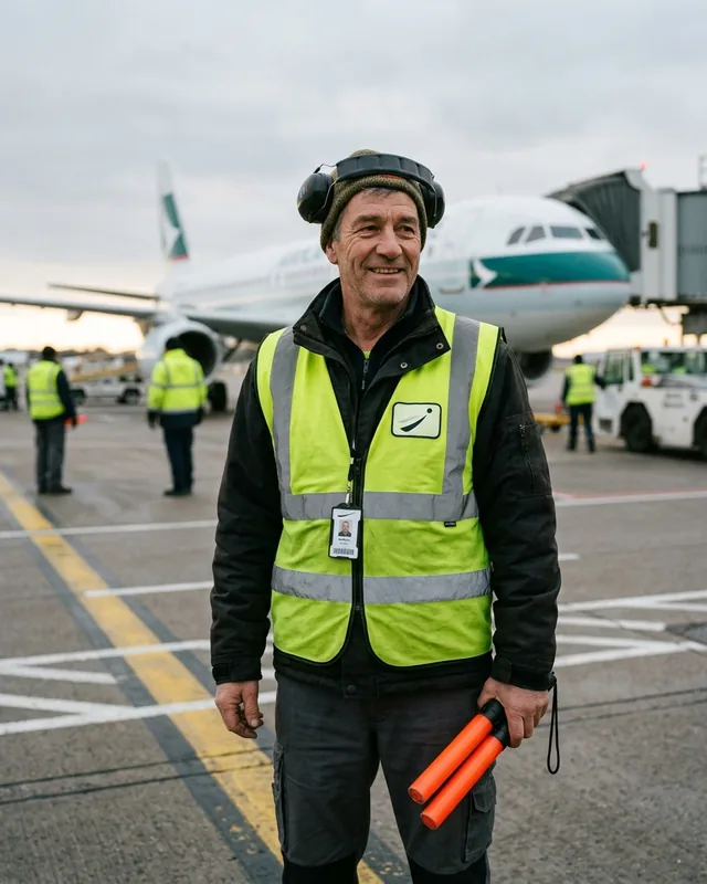 Ground crew worker in a hi-vis vest