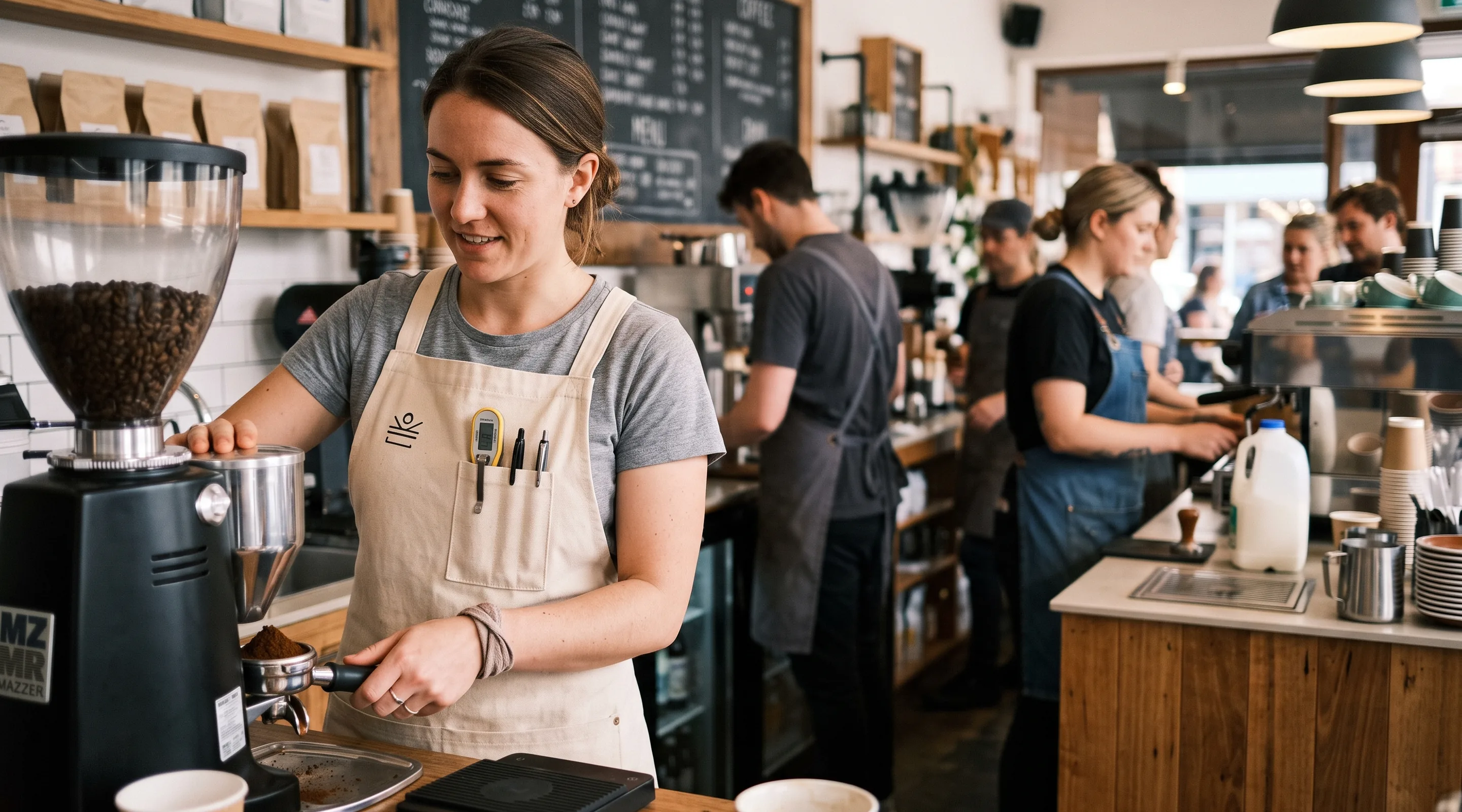 Barista in a canvas cross-back apron with a thermometer and pens in the chest pocket at the grinder