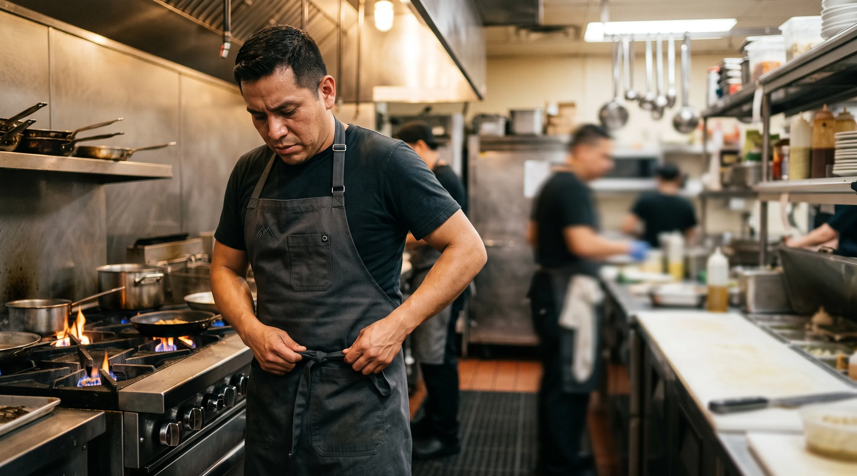 Line cook in a full bib apron with stainless sliders tying it tight beside the range