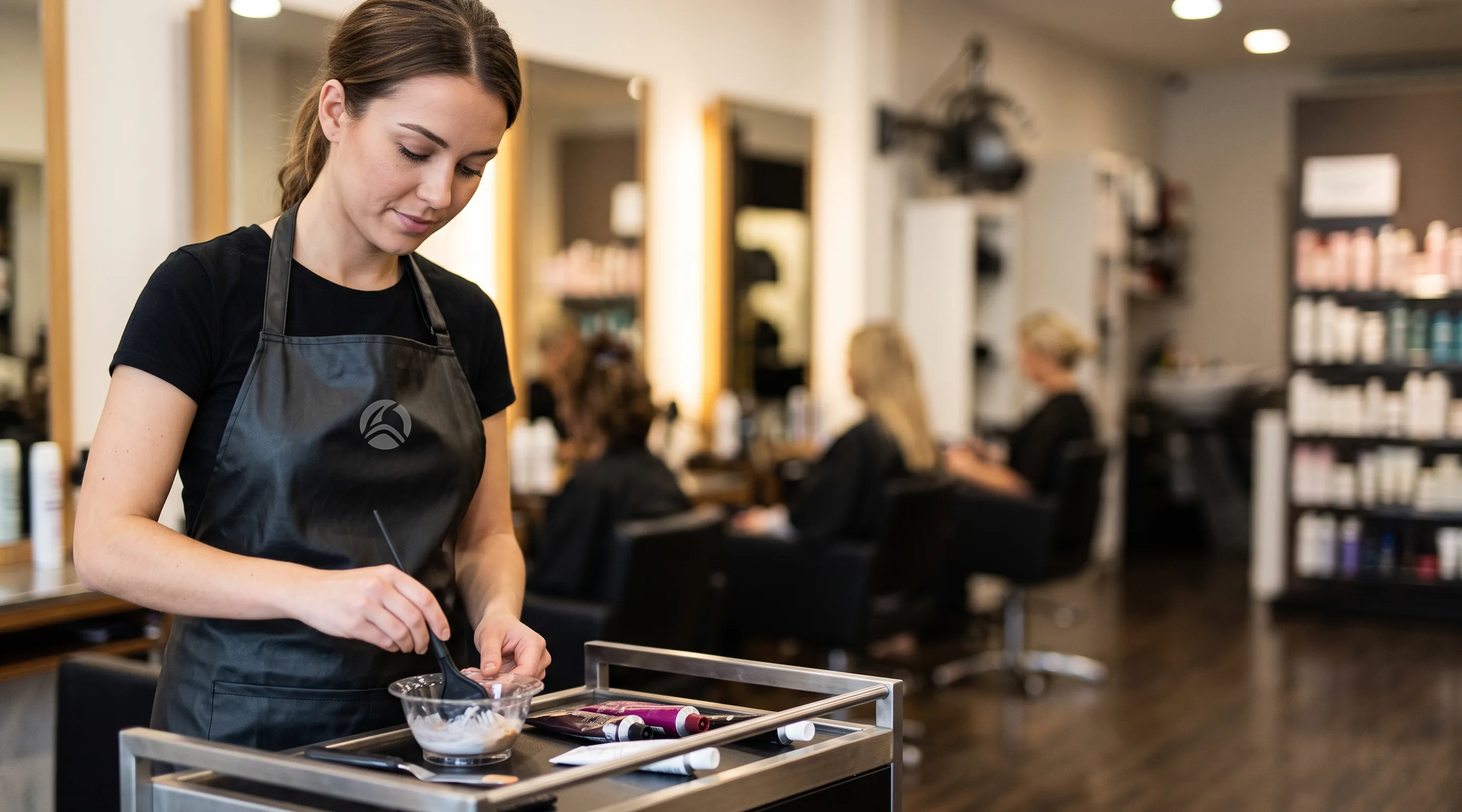 Colourist in a coated polyester stylist apron mixing colour at the colour bar