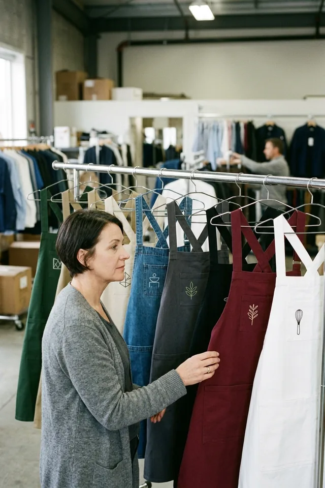 Distributor showroom rail of private label aprons in several colours with a buyer looking along it