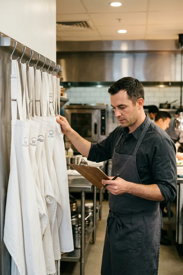 Kitchen manager checking a rail of matching aprons before a shift
