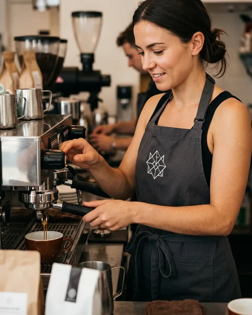 Barista in a barista bib apron pulling an espresso shot