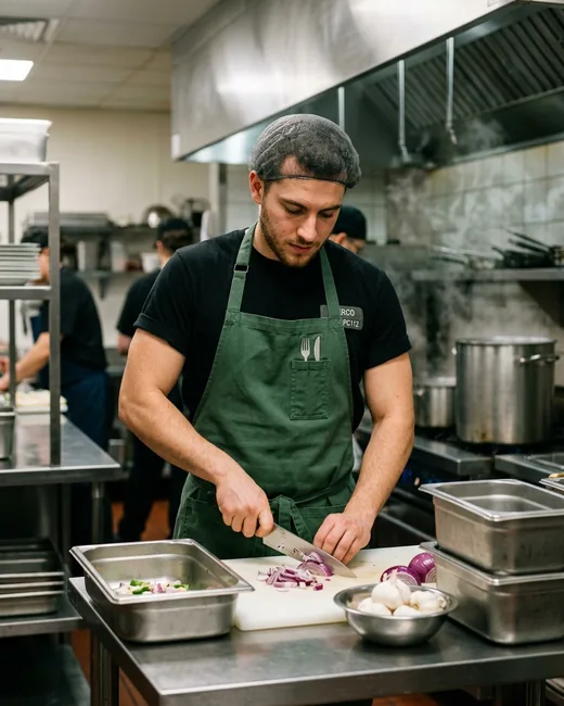 Prep cook in a full bib apron at a cutting station