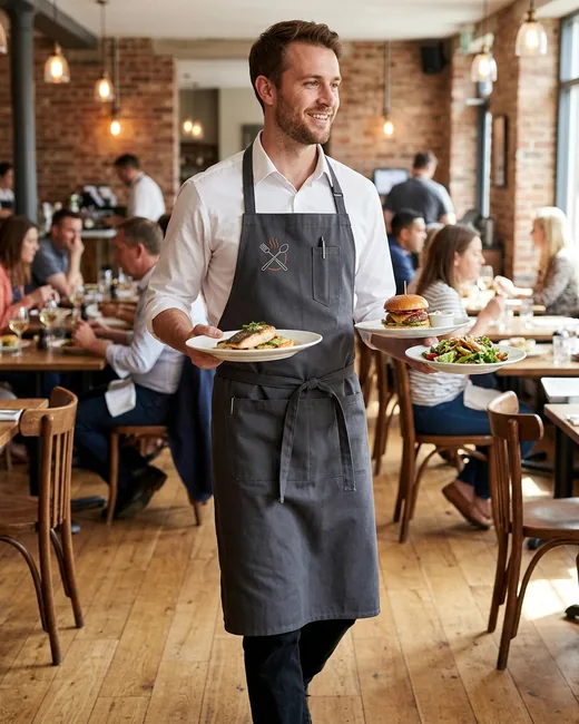 Server in a long bistro apron carrying plates across a dining room